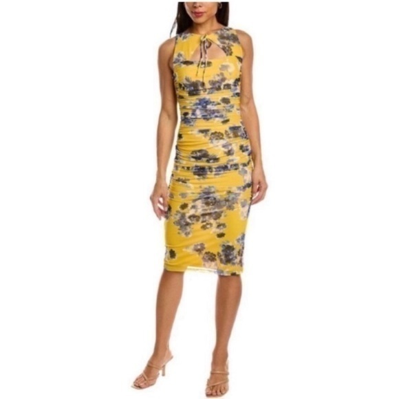 Black Halo Dresses & Skirts - Black Halo Dress Rosalia Sheath Ruched in Gold Blue Floral